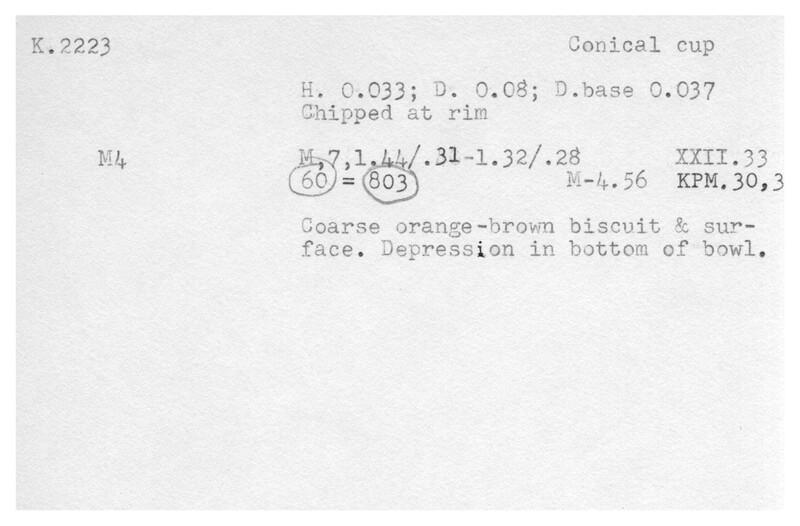 Index card with typed and handwritten information, sometimes including a sketch, of pottery from an excavation.