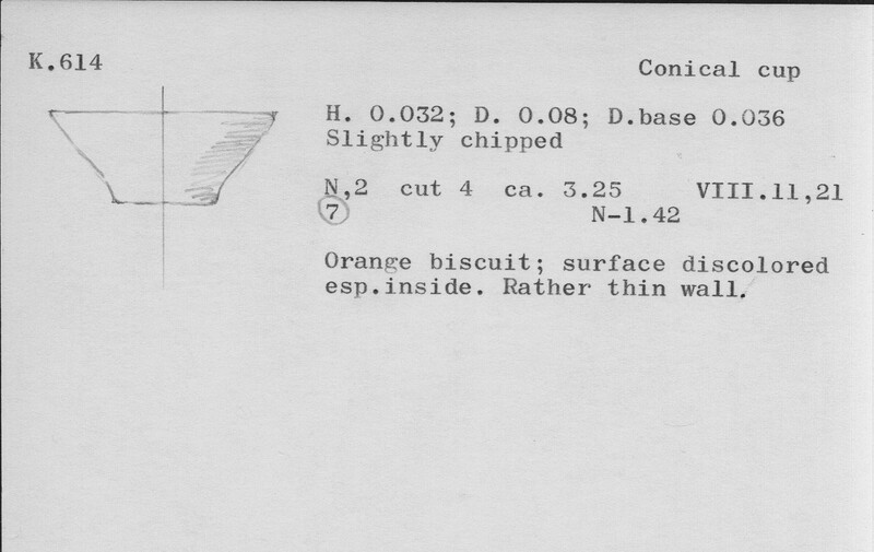Index card with typed and handwritten information, sometimes including a sketch, of pottery from an excavation.