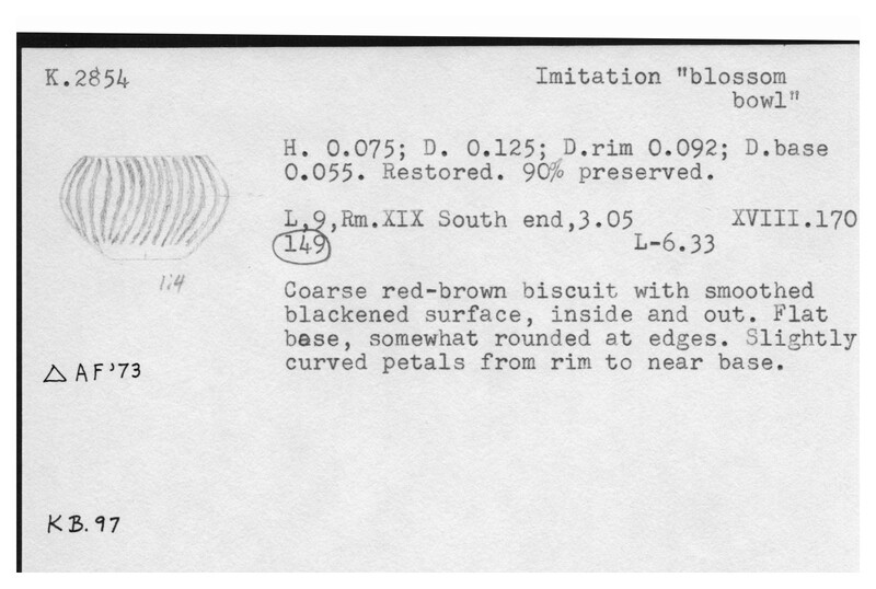 Index card with typed and handwritten information, sometimes including a sketch, of pottery from an excavation.