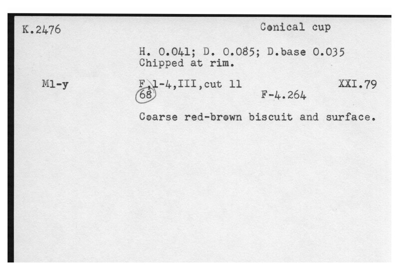 Index card with typed and handwritten information, sometimes including a sketch, of pottery from an excavation.