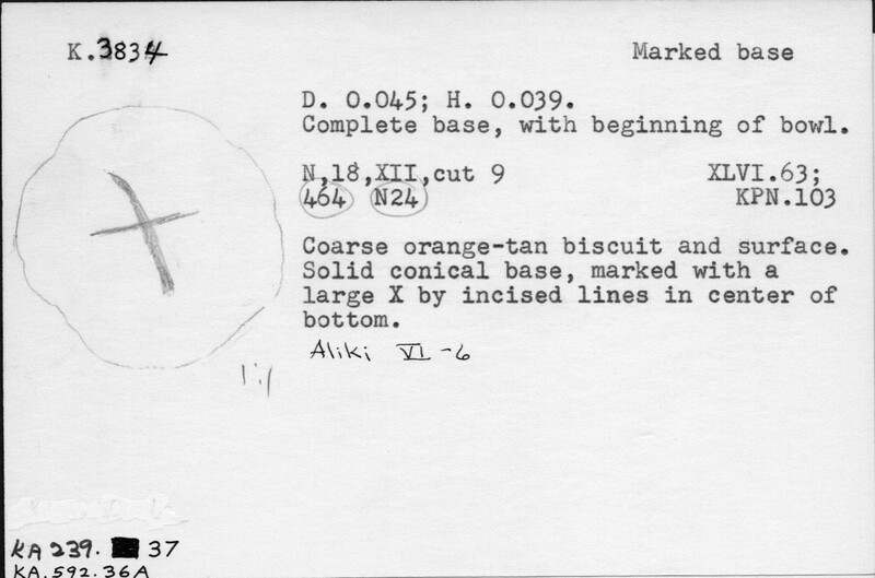 Index card with typed and handwritten information, sometimes including a sketch, of pottery from an excavation.