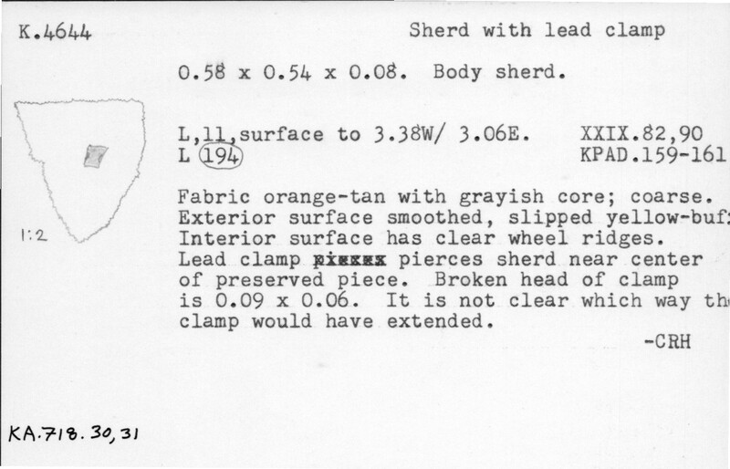 Index card with typed and handwritten information, sometimes including a sketch, of pottery from an excavation.