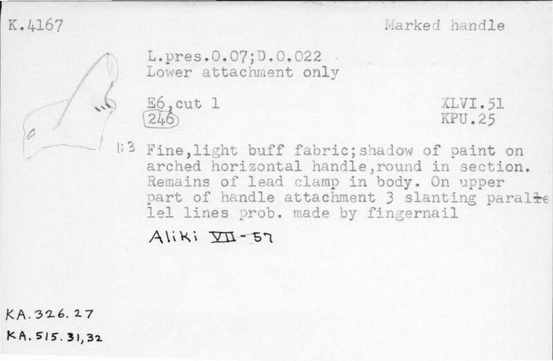 Index card with typed and handwritten information, sometimes including a sketch, of pottery from an excavation.