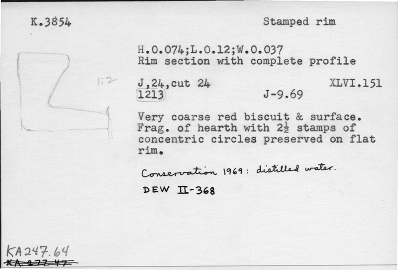 Index card with typed and handwritten information, sometimes including a sketch, of pottery from an excavation.