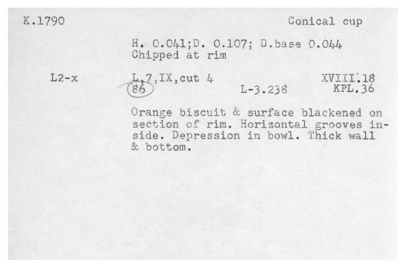 Index card with typed and handwritten information, sometimes including a sketch, of pottery from an excavation.