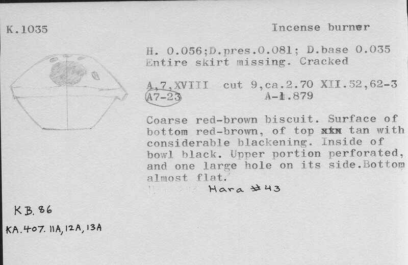 Index card with typed and handwritten information, sometimes including a sketch, of pottery from an excavation.