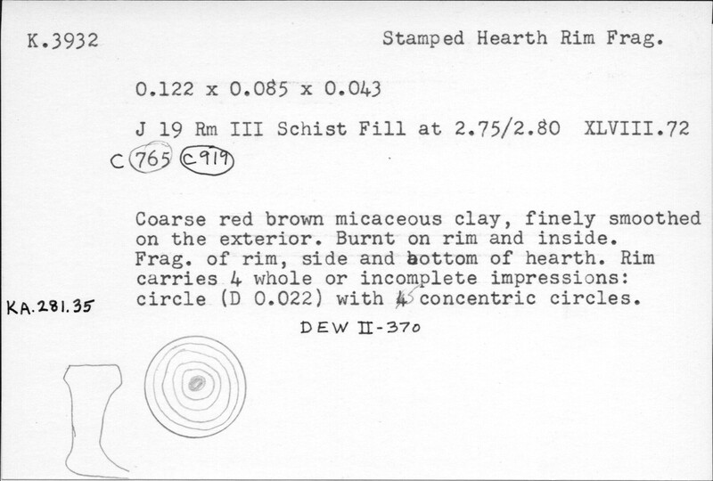 Index card with typed and handwritten information, sometimes including a sketch, of pottery from an excavation.
