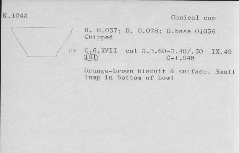 Index card with typed and handwritten information, sometimes including a sketch, of pottery from an excavation.