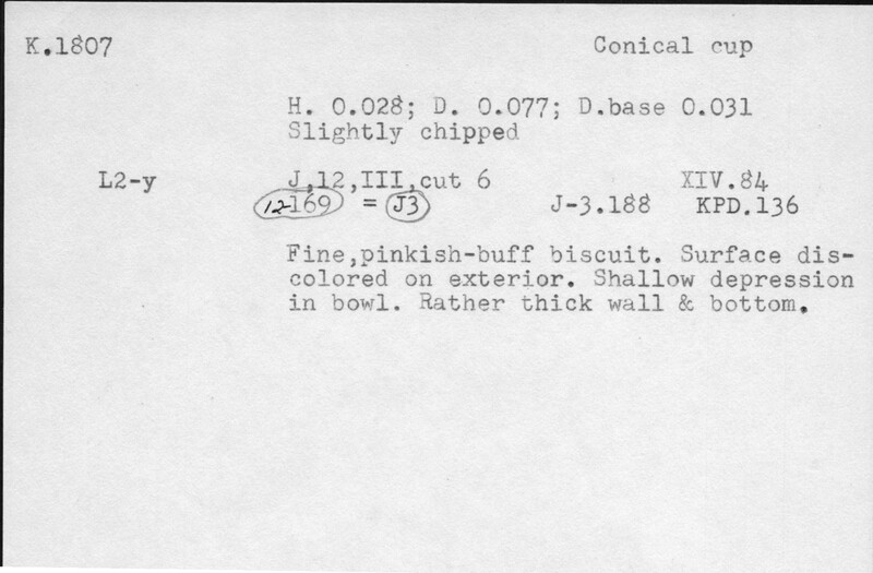 Index card with typed and handwritten information, sometimes including a sketch, of pottery from an excavation.