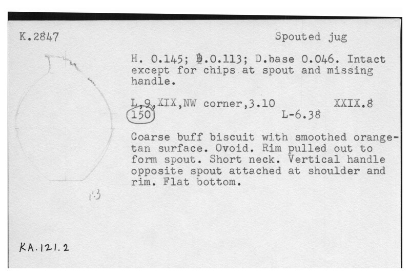 Index card with typed and handwritten information, sometimes including a sketch, of pottery from an excavation.