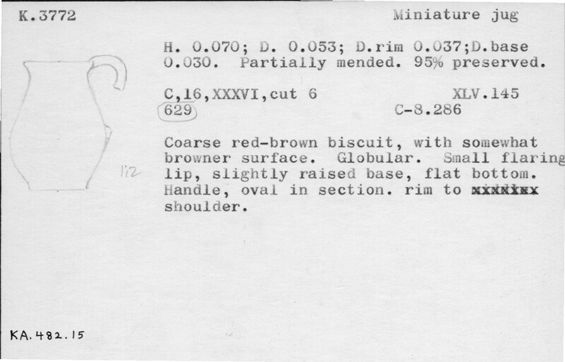 Index card with typed and handwritten information, sometimes including a sketch, of pottery from an excavation.