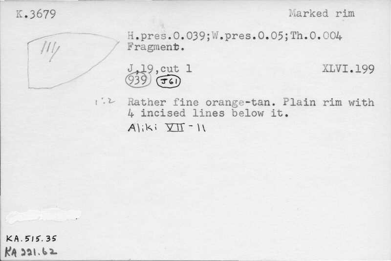 Index card with typed and handwritten information, sometimes including a sketch, of pottery from an excavation.