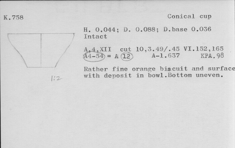Index card with typed and handwritten information, sometimes including a sketch, of pottery from an excavation.