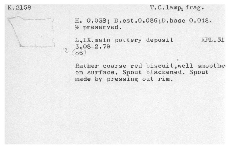 Index card with typed and handwritten information, sometimes including a sketch, of pottery from an excavation.