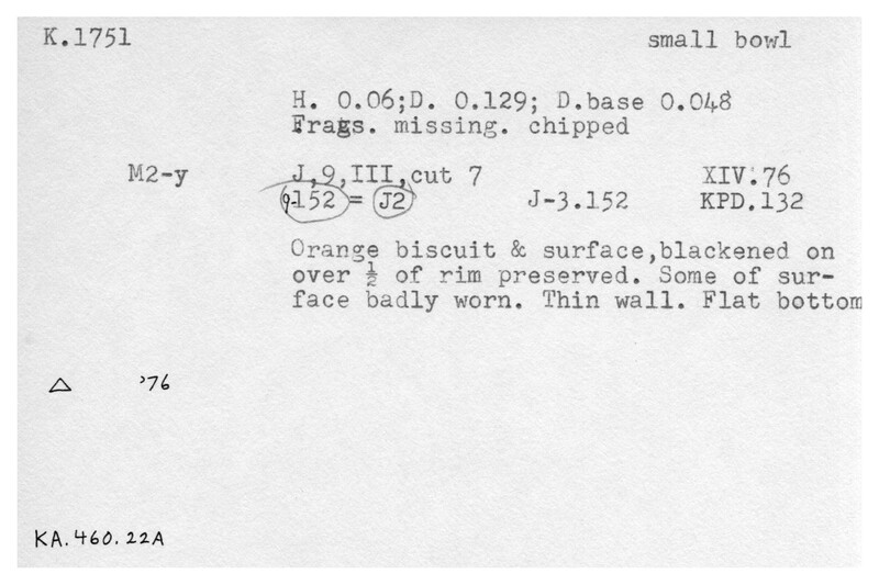 Index card with typed and handwritten information, sometimes including a sketch, of pottery from an excavation.
