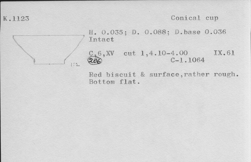 Index card with typed and handwritten information, sometimes including a sketch, of pottery from an excavation.