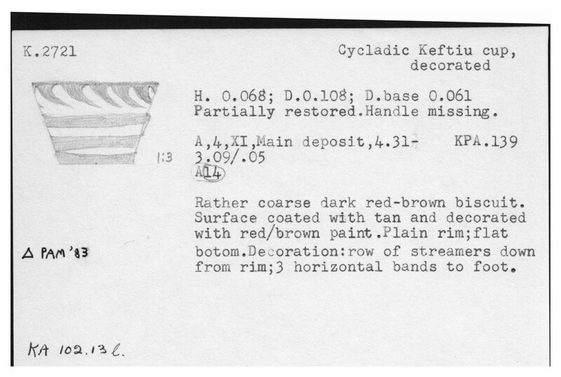 Index card with typed and handwritten information, sometimes including a sketch, of pottery from an excavation.