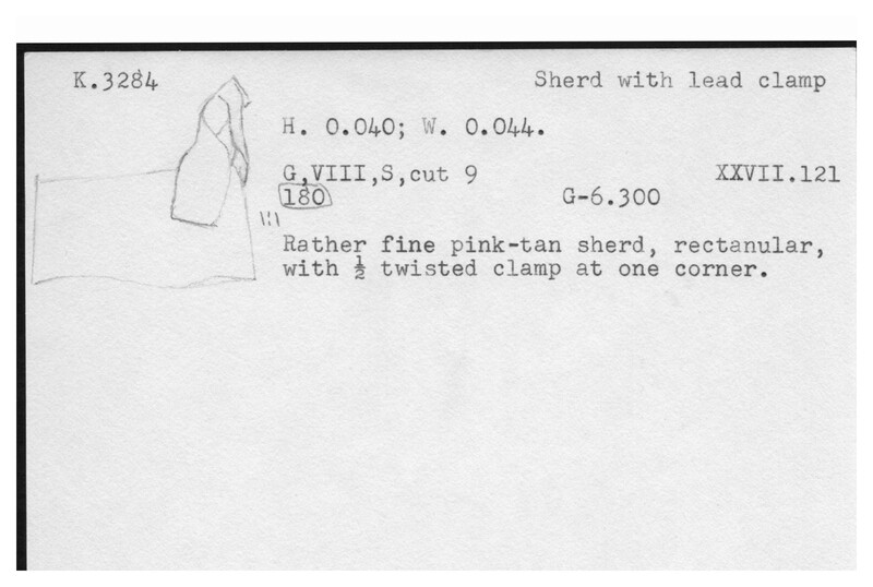 Index card with typed and handwritten information, sometimes including a sketch, of pottery from an excavation.