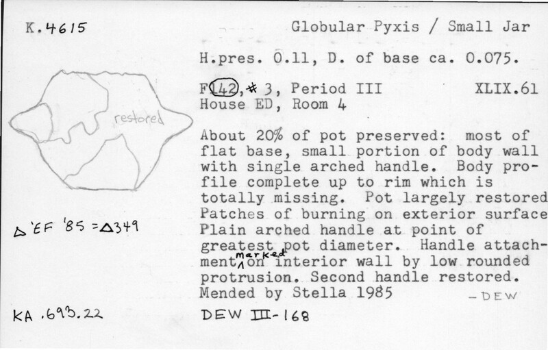 Index card with typed and handwritten information, sometimes including a sketch, of pottery from an excavation.