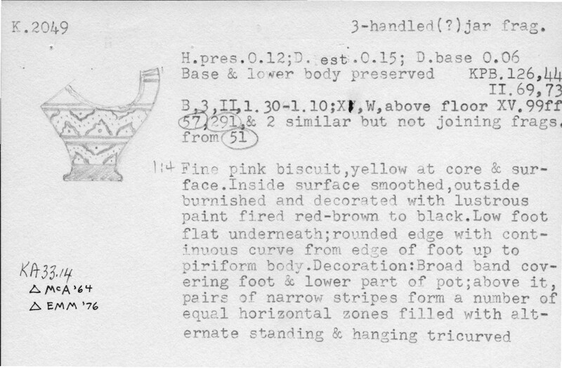Index card with typed and handwritten information, sometimes including a sketch, of pottery from an excavation.