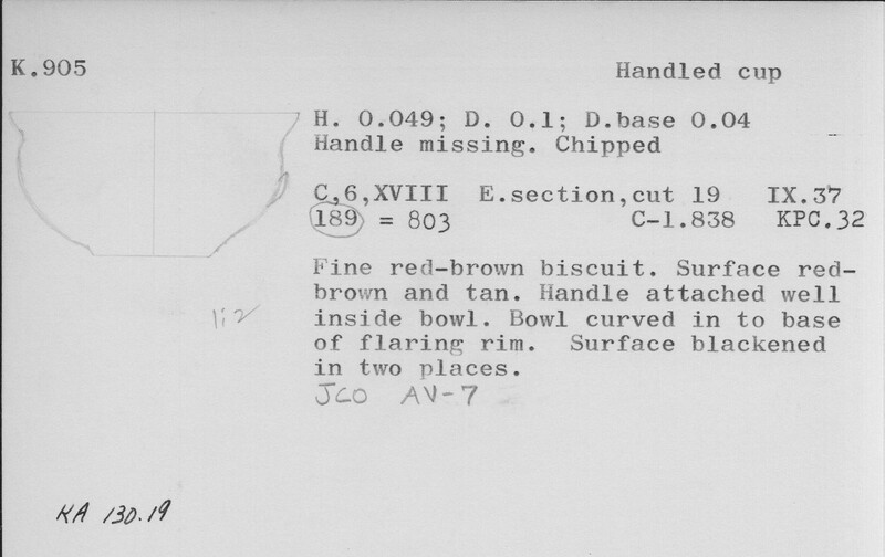 Index card with typed and handwritten information, sometimes including a sketch, of pottery from an excavation.