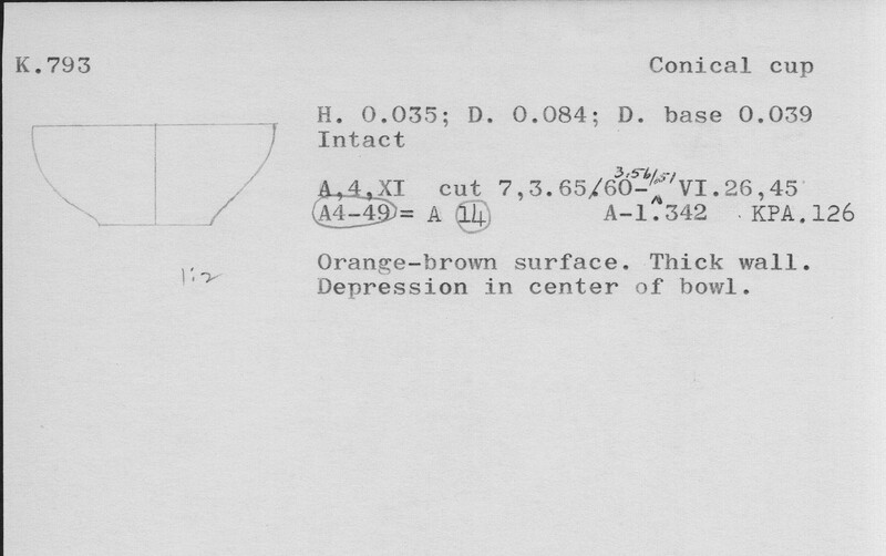Index card with typed and handwritten information, sometimes including a sketch, of pottery from an excavation.