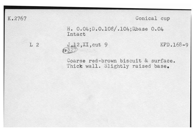 Index card with typed and handwritten information, sometimes including a sketch, of pottery from an excavation.