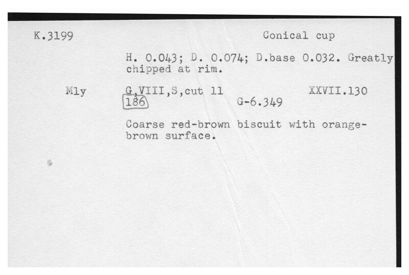Index card with typed and handwritten information, sometimes including a sketch, of pottery from an excavation.