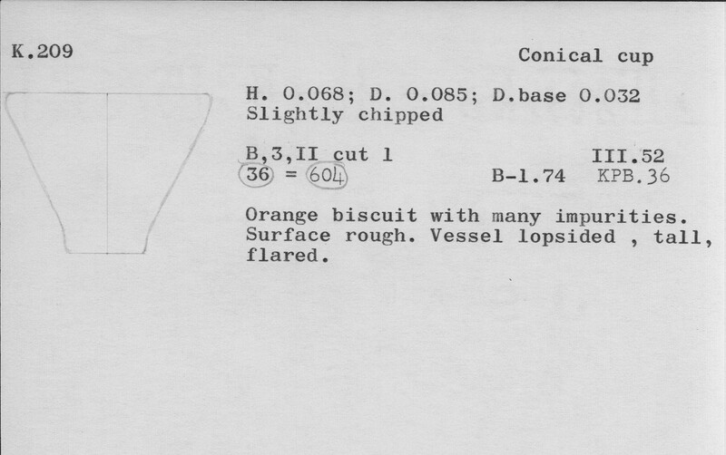 Index card with typed and handwritten information, sometimes including a sketch, of pottery from an excavation.