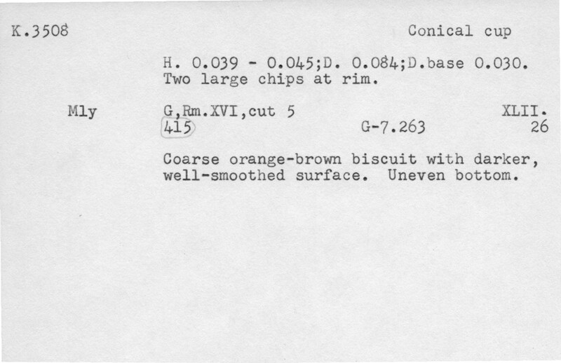 Index card with typed and handwritten information, sometimes including a sketch, of pottery from an excavation.