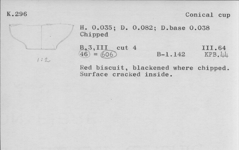 Index card with typed and handwritten information, sometimes including a sketch, of pottery from an excavation.