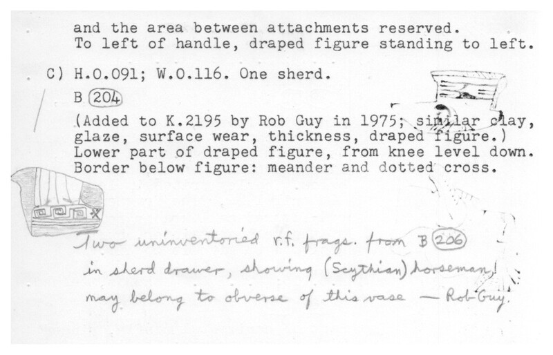 Index card with typed and handwritten information, sometimes including a sketch, of pottery from an excavation.