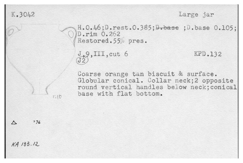 Index card with typed and handwritten information, sometimes including a sketch, of pottery from an excavation.