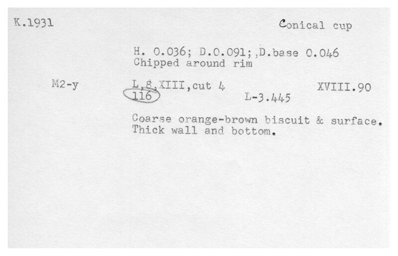 Index card with typed and handwritten information, sometimes including a sketch, of pottery from an excavation.