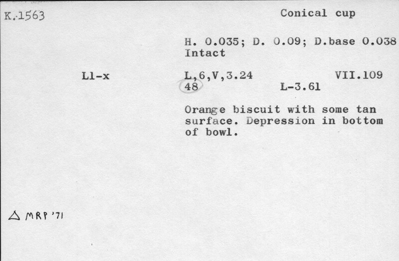 Index card with typed and handwritten information, sometimes including a sketch, of pottery from an excavation.