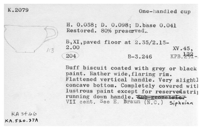 Index card with typed and handwritten information, sometimes including a sketch, of pottery from an excavation.