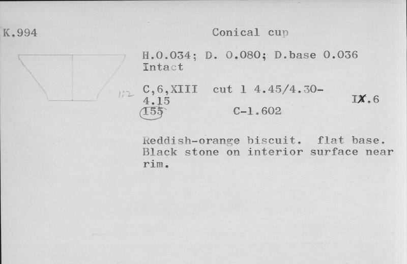 Index card with typed and handwritten information, sometimes including a sketch, of pottery from an excavation.