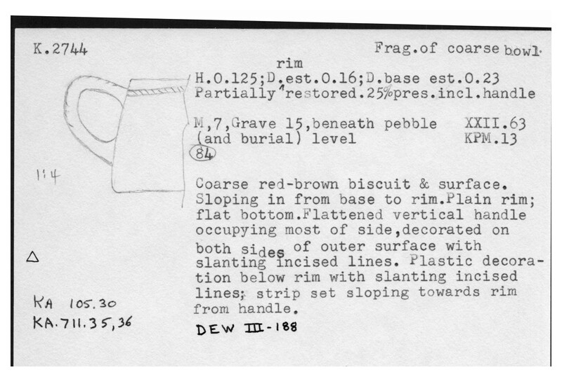 Index card with typed and handwritten information, sometimes including a sketch, of pottery from an excavation.