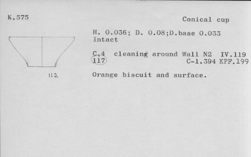 Index card with typed and handwritten information, sometimes including a sketch, of pottery from an excavation.