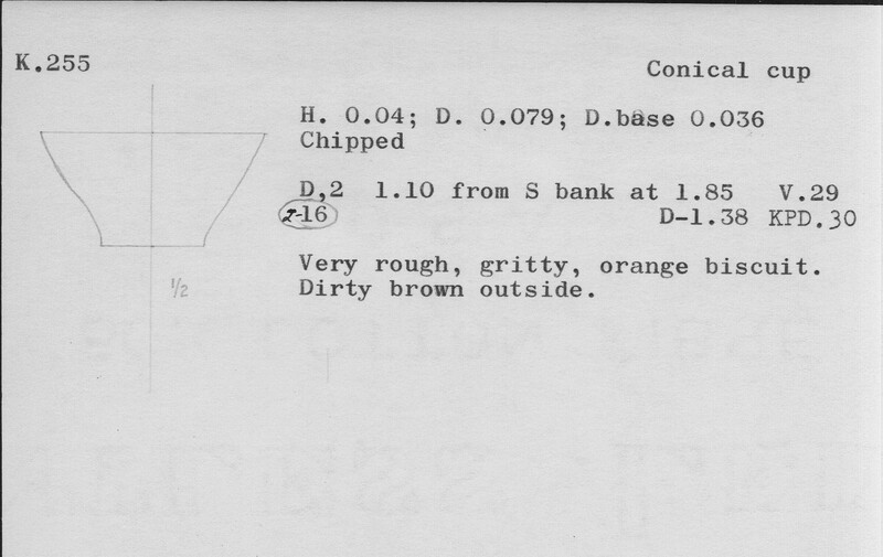 Index card with typed and handwritten information, sometimes including a sketch, of pottery from an excavation.