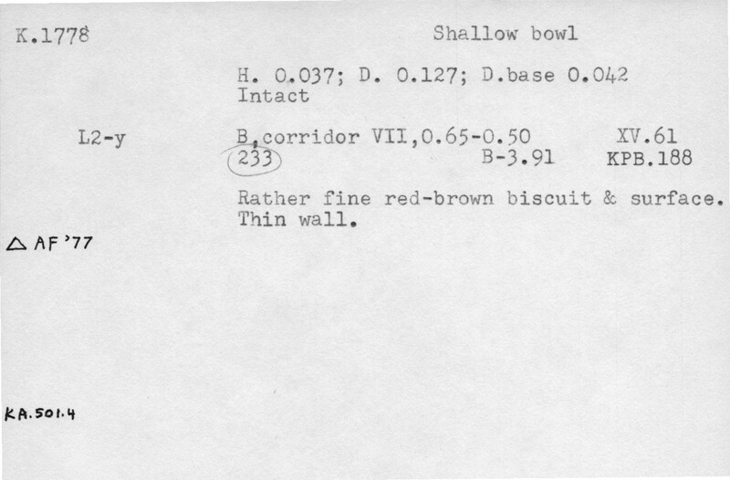 Index card with typed and handwritten information, sometimes including a sketch, of pottery from an excavation.
