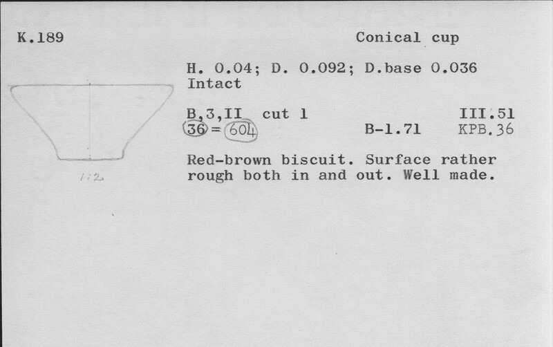 Index card with typed and handwritten information, sometimes including a sketch, of pottery from an excavation.