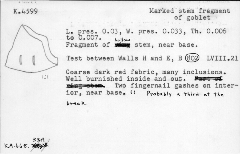 Index card with typed and handwritten information, sometimes including a sketch, of pottery from an excavation.