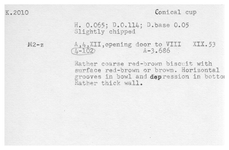 Index card with typed and handwritten information, sometimes including a sketch, of pottery from an excavation.