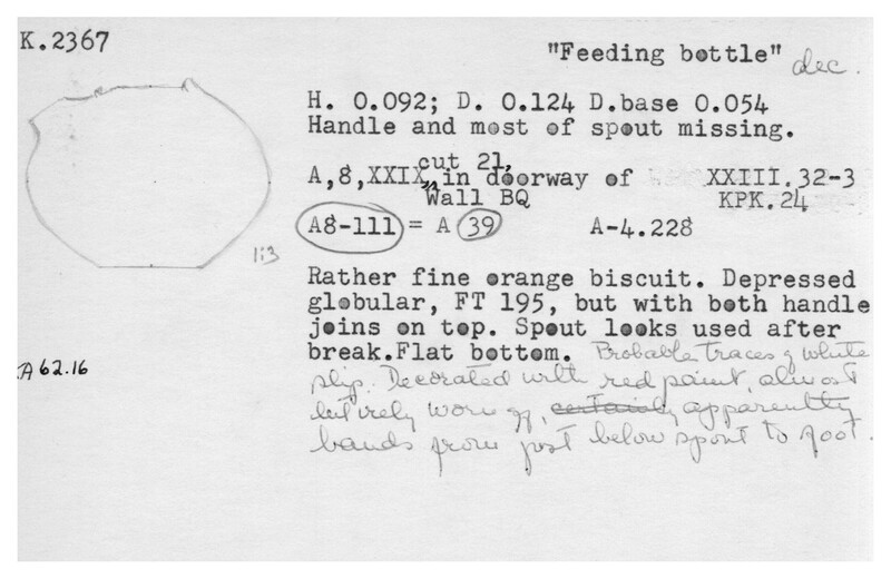 Index card with typed and handwritten information, sometimes including a sketch, of pottery from an excavation.
