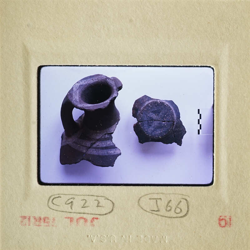 Small clay pottery shards on white surface.