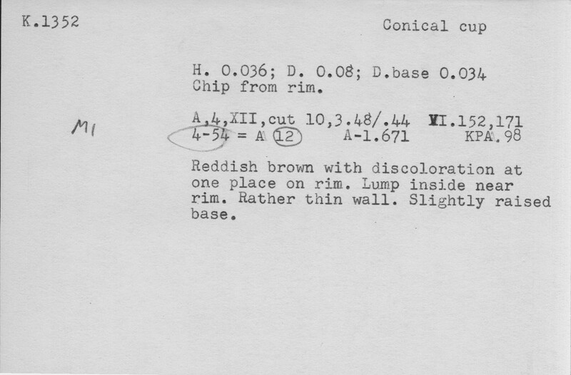 Index card with typed and handwritten information, sometimes including a sketch, of pottery from an excavation.