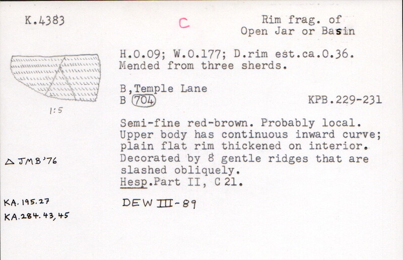 Index card with typed and handwritten information, sometimes including a sketch, of pottery from an excavation.