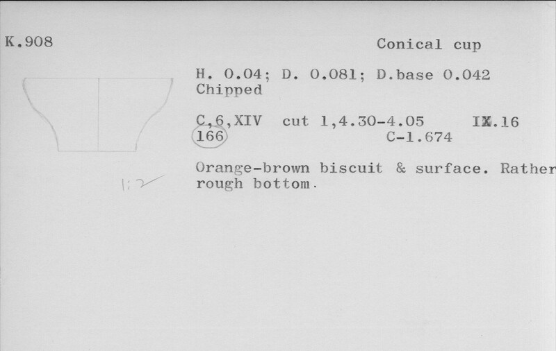 Index card with typed and handwritten information, sometimes including a sketch, of pottery from an excavation.