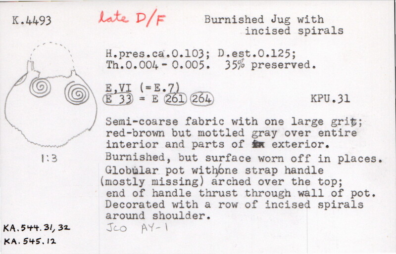 Index card with typed and handwritten information, sometimes including a sketch, of pottery from an excavation.